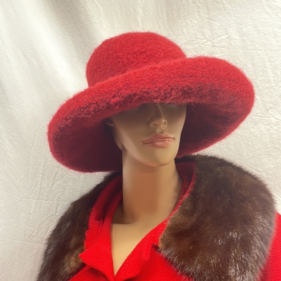 ShiDesigns Red Wool Felted Hat, Hand Knit Hat, Bowler Hat, Brimmed Hat